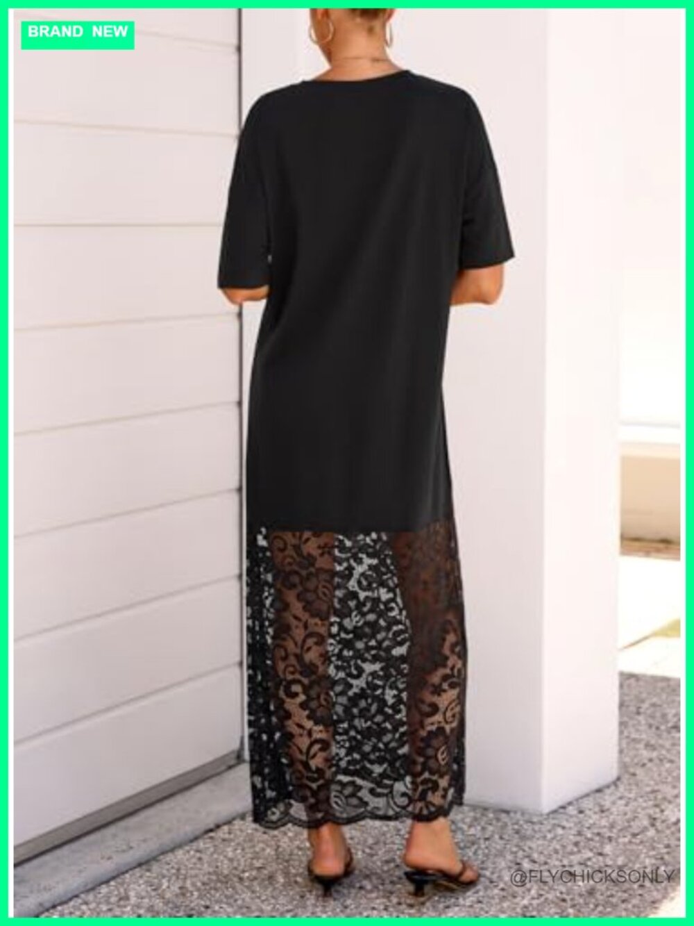 Women Short Sleeve Lace Patchwork Crew Neck Maxi Dress Summer Trendy - Picture 5 of 6